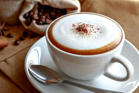 Coffee in a white mug with foam and nutmeg on top